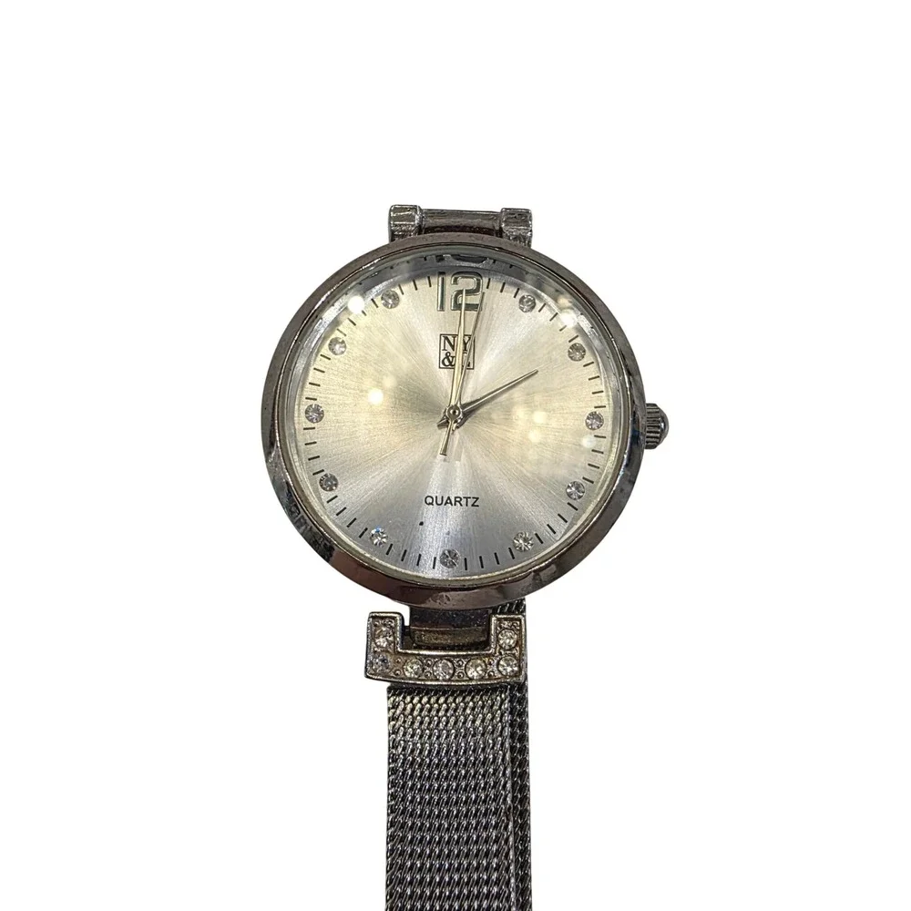 NY & Co Womens Silver Tone‎ Quartz Mesh Band Crystal Accent Watch New Battery